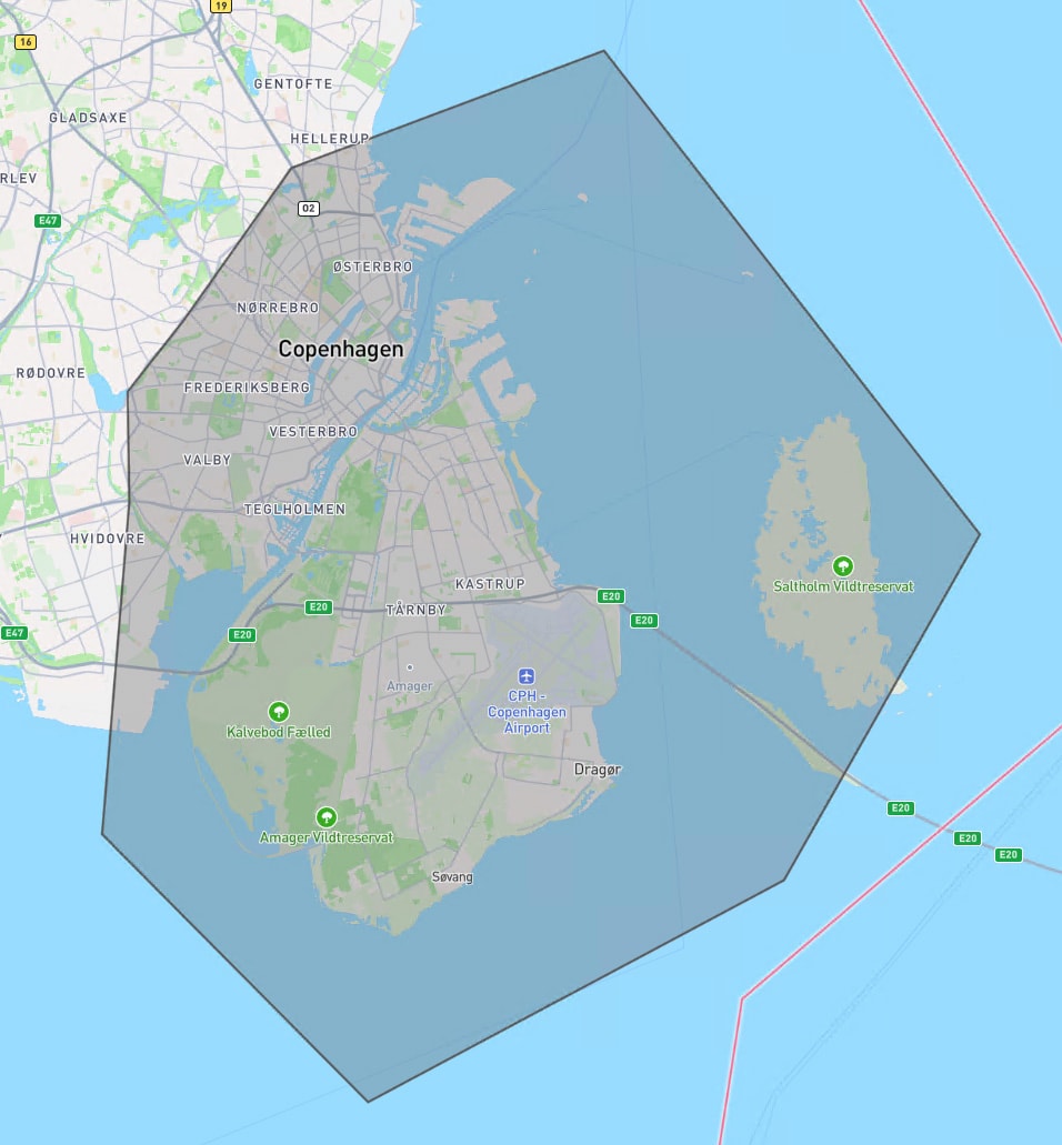 Kort med oversigt over dronerestiktionszonen
