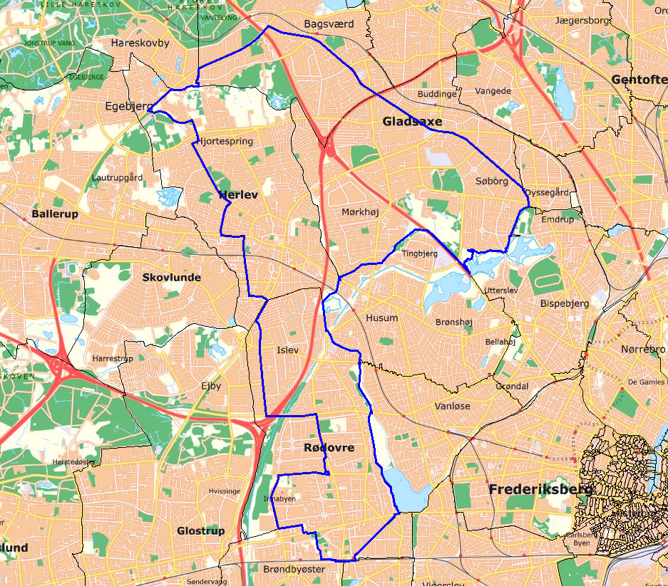 Kort over visitationszone i dele af Rødovre, Herlev og Gladsaxe