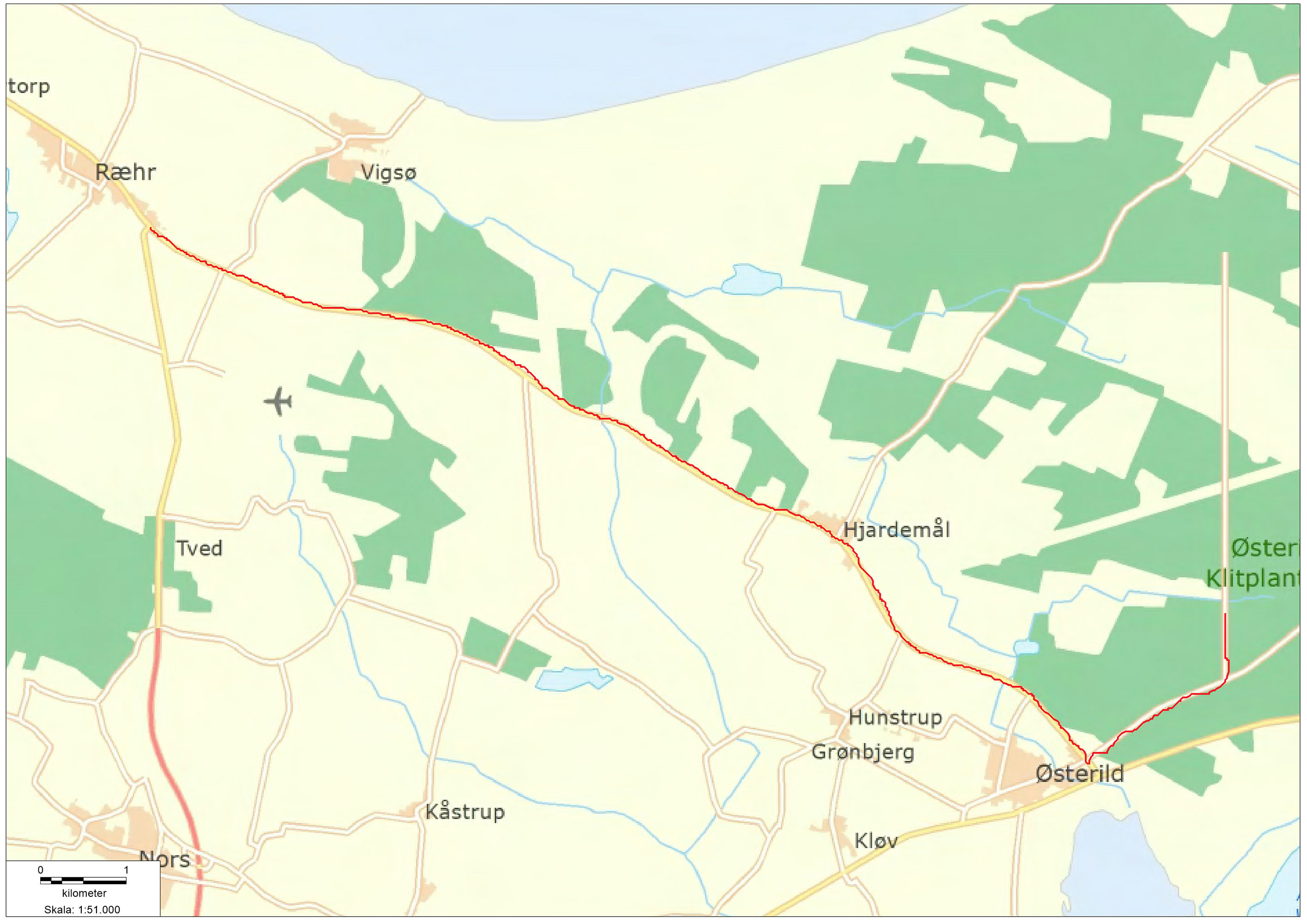 Kort over rute for mølletransport fra Ræhr til Testcenter
