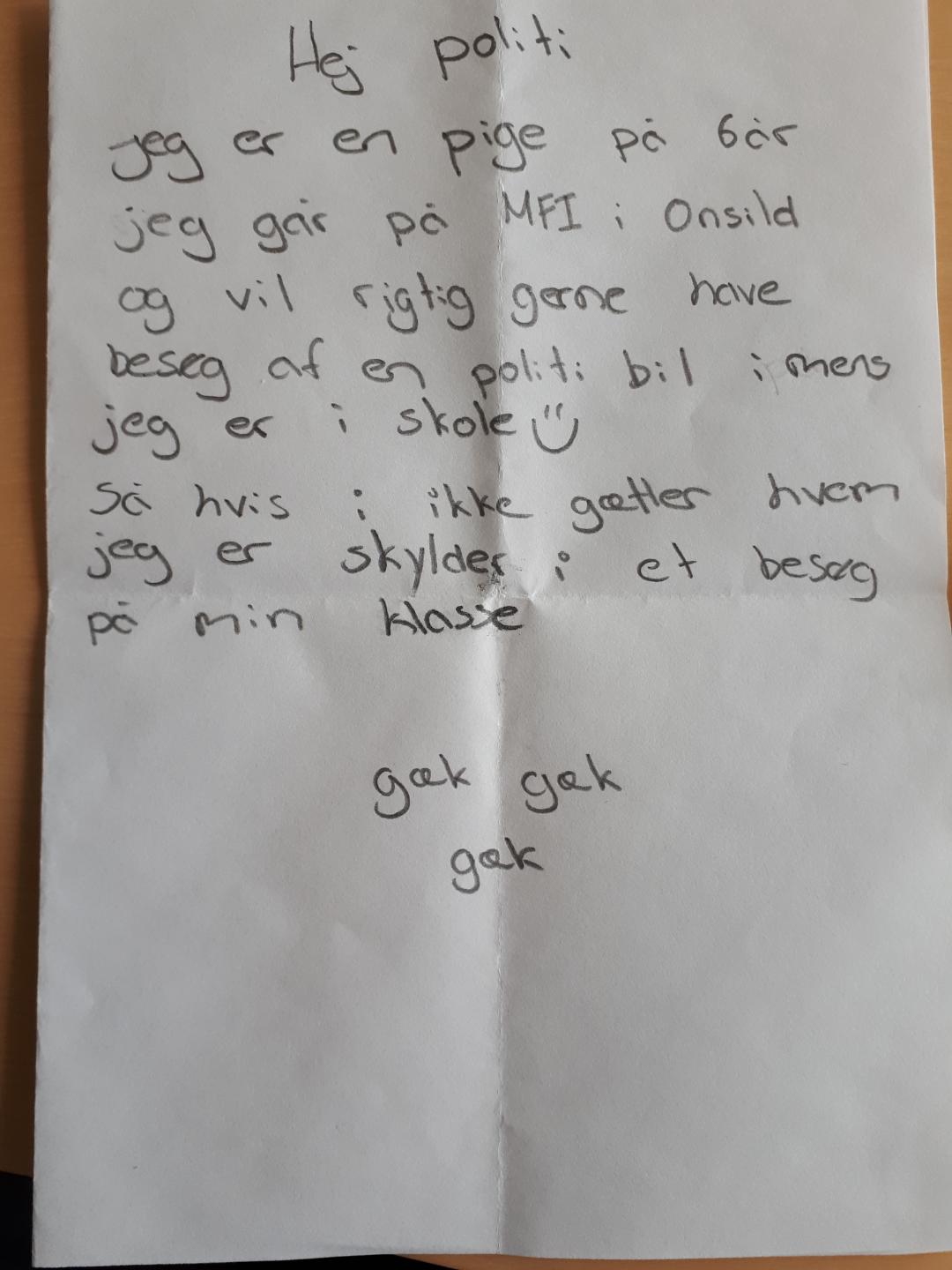 Brevet, der var vedlagt et gækkebrev til Hobro Politistation fra 6-årig pige